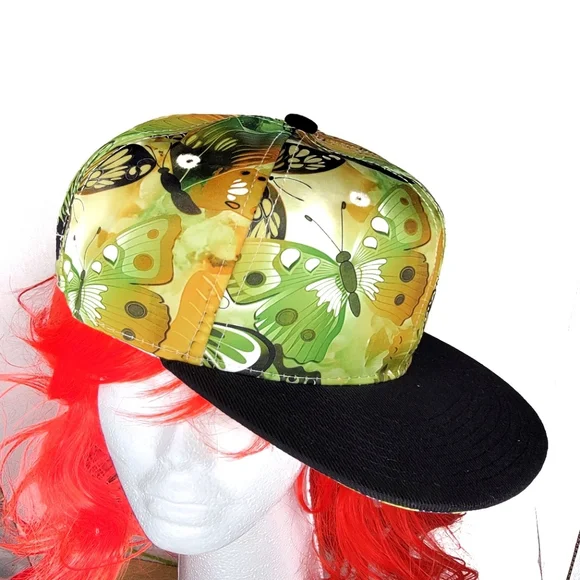 `H25453 NWT Lime & Gold Snapback/Baseball Cap - Floral Butterfly Design - Picture 2 of 4